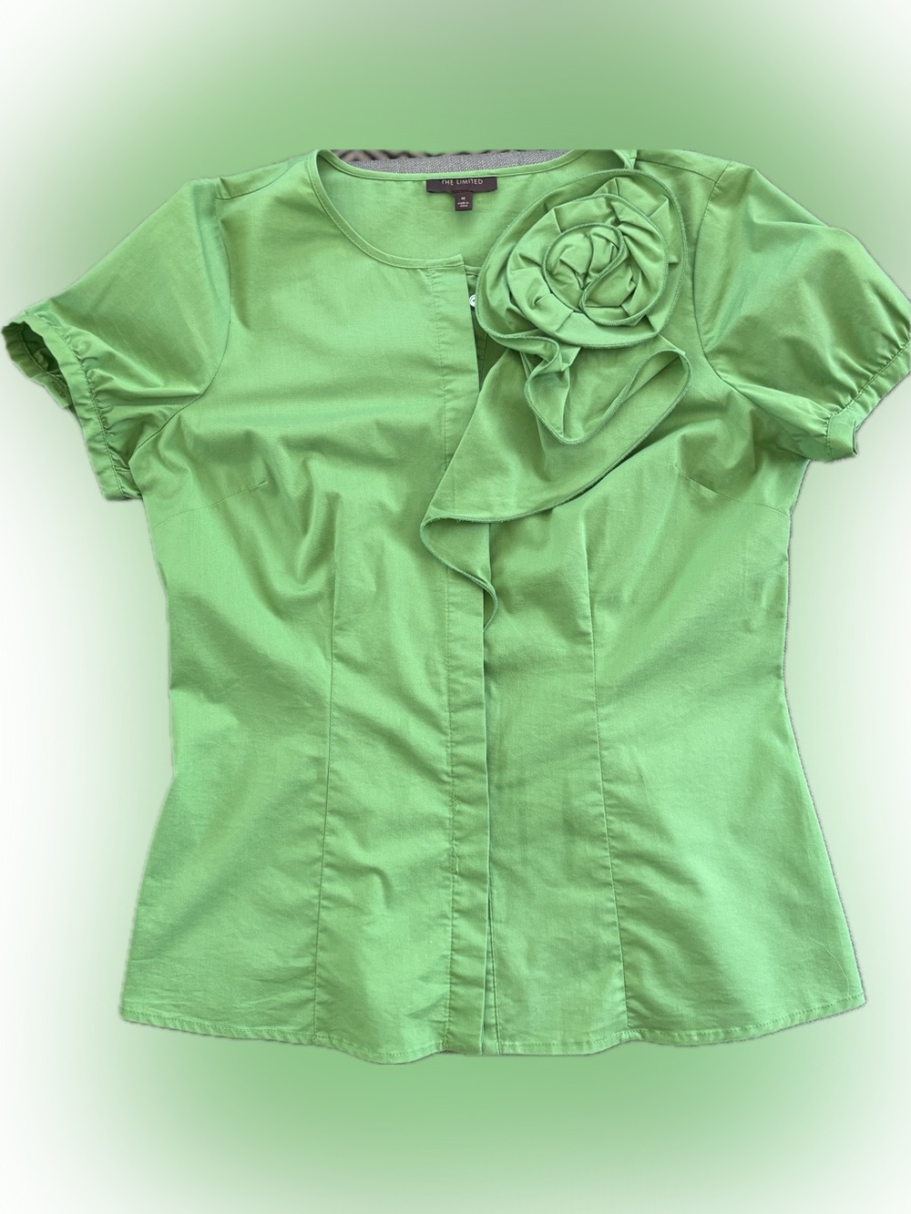 The Limited Light Green Short-Sleeve Blouse with Rosette Detail
